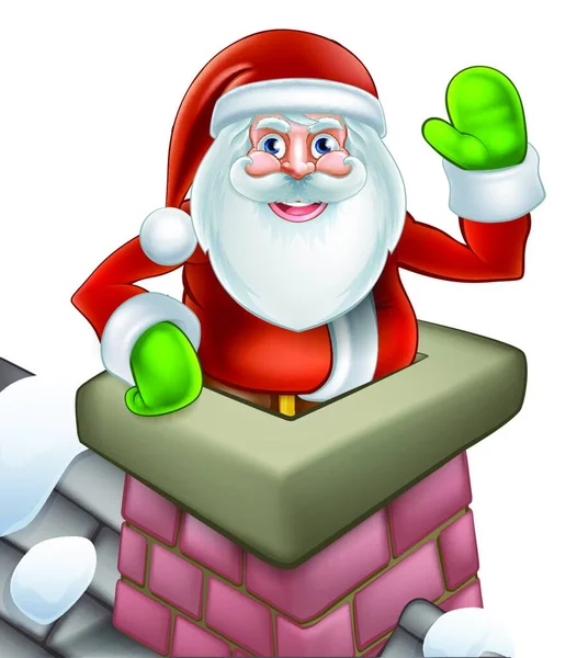 Ilustracja Mikołaja Śnieżnym Dachu Wyskakujący Komina Machający Bożym Narodzeniu — Wektor stockowy