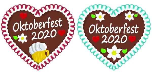 Cuori Pan Zenzero Illustrati Con Testo Tedesco Oktoberfest 2020 2021 — Vettoriale Stock
