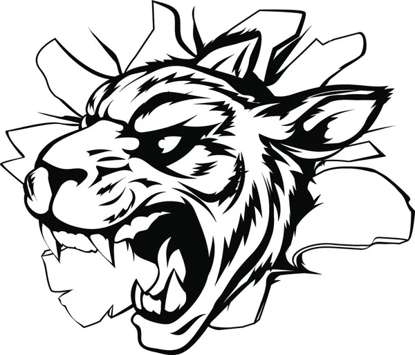 Dibujos Animados Fiero Tigre Mascota Animal Carácter Rompiendo Través Una — Archivo Imágenes Vectoriales