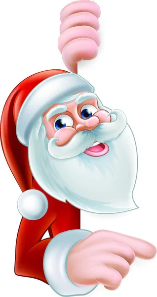 一个可爱的卡通圣诞老人指着一个标志的例子 — 图库矢量图片