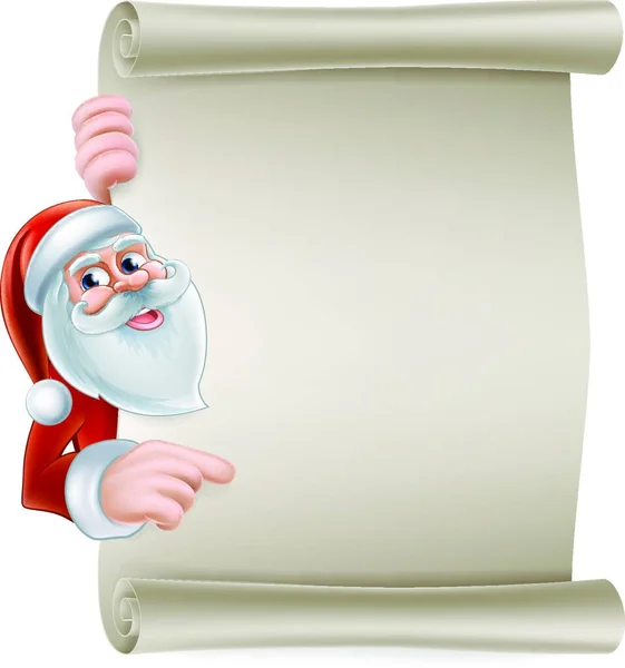Tecknad Jul Santa Rulla Skylt Santa Claus Pekar Bokrulle Banner — Stock vektor