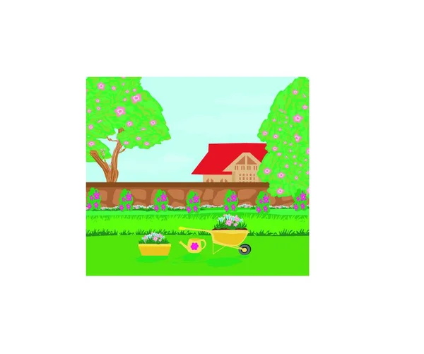 Paisagem Agrícola Com Casa Árvores Ilustração Vetorial —  Vetores de Stock