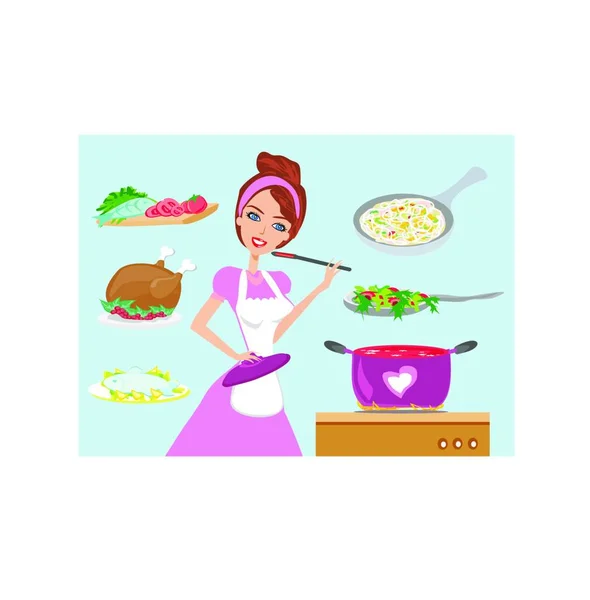 Mujer Cocina Alimentos Alimentación Saludable Dieta Desayuno Cocina Cena Restaurante — Vector de stock