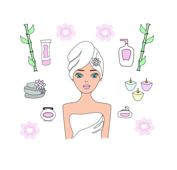 Beautiful Woman Spa Treatment Beauty Procedures Wellness Icons Set — Stock Vector