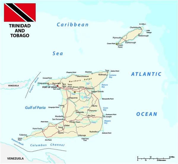 Carte Vectorielle Routière Trinidad Tobago Avec Drapeau — Image vectorielle