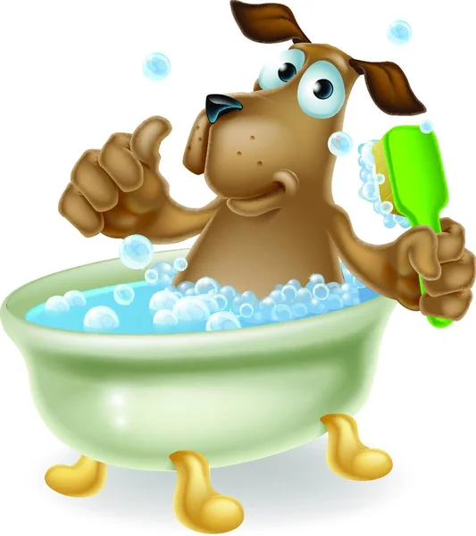 犬グルーミング犬の漫画のキャラクターを親指をやって 彼の背中をごしごし洗うことの入浴の概念 — ストックベクタ