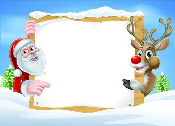 クリスマスのトナカイとサンタのサインかわいい漫画のトナカイとサンタが雪を指して覆われた冬の風景の記号 — ストックベクタ