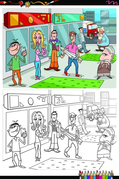 Γελοιογραφία Εικονογράφηση Των Ανθρώπων Χαρακτήρες Στην Πόλη Χρωματισμός Σελίδα Του — Διανυσματικό Αρχείο