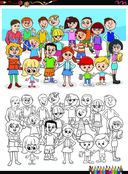 Εικονογράφηση Κινουμένων Σχεδίων Της Ομάδας Χαρακτήρων Παιδιών Χρωματισμός Σελίδας Βιβλίου — Διανυσματικό Αρχείο