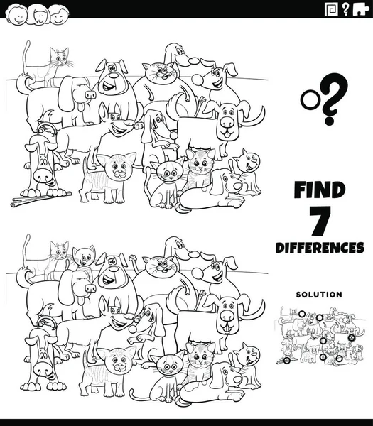 用黑白卡通图解发现有漫画猫和狗的儿童图片教育游戏的差异 — 图库矢量图片