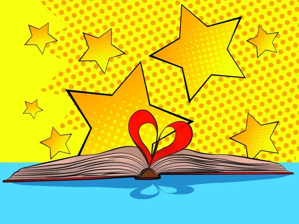 Illustration Des Aufgeschlagenen Buches Mit Blättern Herzform Comic Stil Illustrierter — Stockvektor