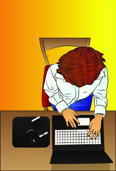 Žena Pracující Notebooku Pohledu Shora Styl Komiksu Kreslená Vektorová Ilustrace — Stockový vektor