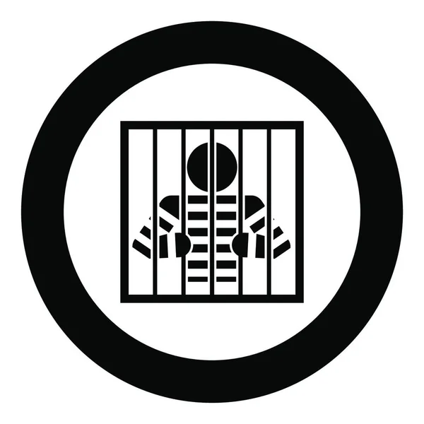 囚犯双手拿着棍棒愤怒的人在监牢中透过格子观看监狱中的监禁概念图标圆形圆形黑色彩色矢量图片说明平面风格简单的图像 — 图库矢量图片