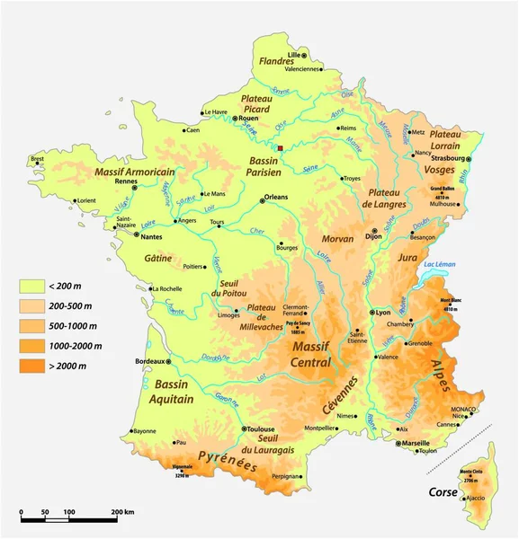 Mapa Vectorial Físico Detallado República Francesa — Vector de stock
