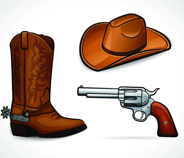 Ilustração Chapéu Cowboy Botas Revólver — Vetor de Stock