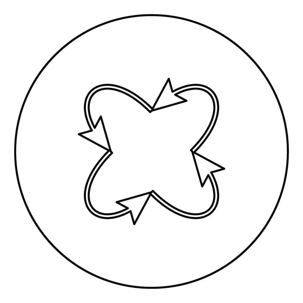 Cuatro Flechas Bucle Desde Centro Icono Negro Contorno Círculo Ilustración — Vector de stock