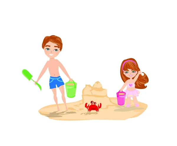 Little Girl Bucket Water Shovel Beach Vector Illustration — Stock Vector