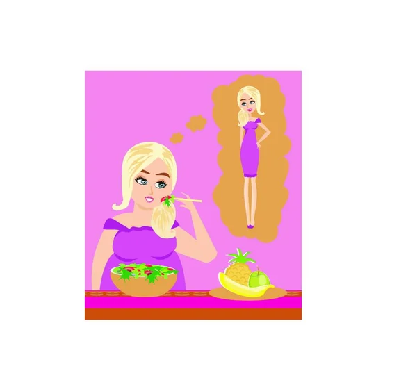 Γυναίκα Ένα Πιάτο Φαγητό Και Λαχανικά Εικονογράφηση Διανύσματος — Διανυσματικό Αρχείο