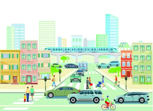 Ilustrasi Vektor Dari Pemandangan Kota Dengan Jalan Kota - Stok Vektor