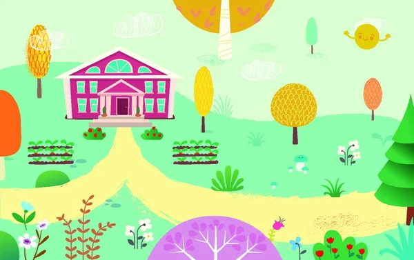 Fondo Verano Con Linda Casa Ilustración Vectorial — Vector de stock