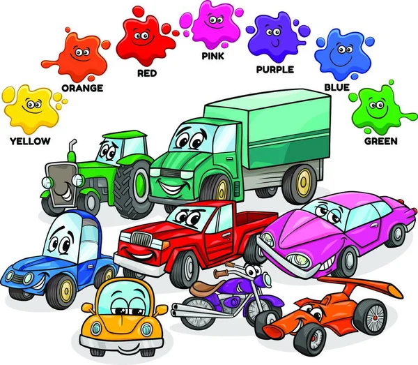 Dibujos Animados Educativos Ilustración Colores Básicos Con Coches Transporte Personajes — Vector de stock