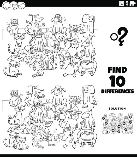 Black White Cartoon Illustration Finding Differences Pictures Educational Task Kids — Stockový vektor