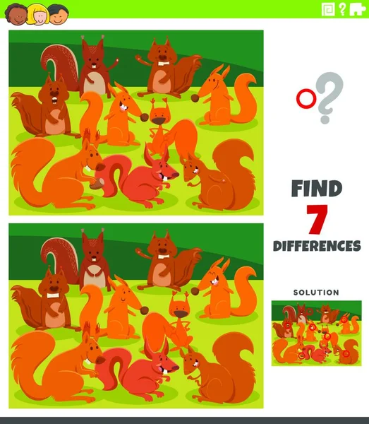 具有滑稽松鼠动物特征群儿童图片教育游戏差异的卡通图解 — 图库矢量图片