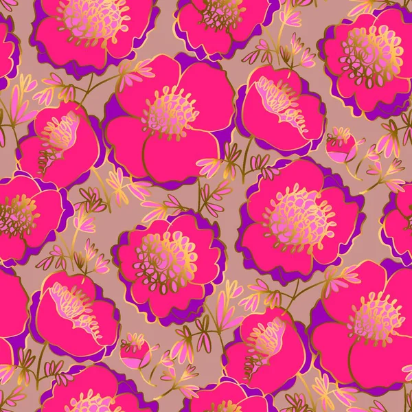 Pfingstrosen Blumen Fliesenmotiv Mit Goldenen Linien Und Leuchtenden Rosa Farben — Stockvektor