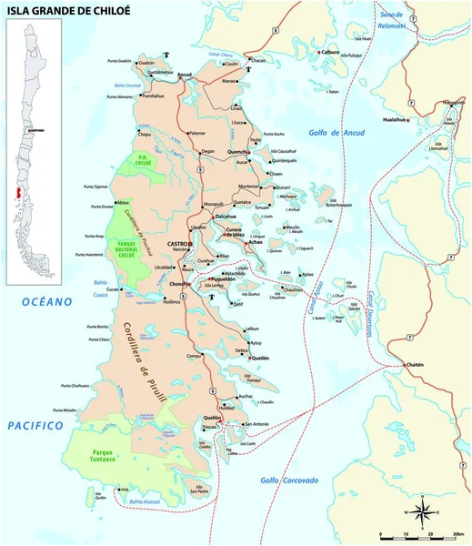Vetor Estrada Mapa Ilha Chiloe Chile América Sul — Vetor de Stock