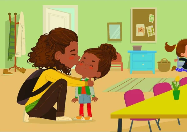 母のイラストは娘に別れのキスをする アフリカ系アメリカ人の母親は学校のドアで子供にキスをする 就学前の女の子はモンテッソーリ学校のお母さんに挨拶します ベクターイラスト — ストックベクタ