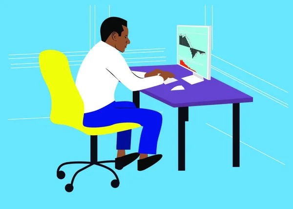 Vector Illustratie Jonge Zwarte Man Met Laptop Kantoor Afro Amerikaanse — Stockvector