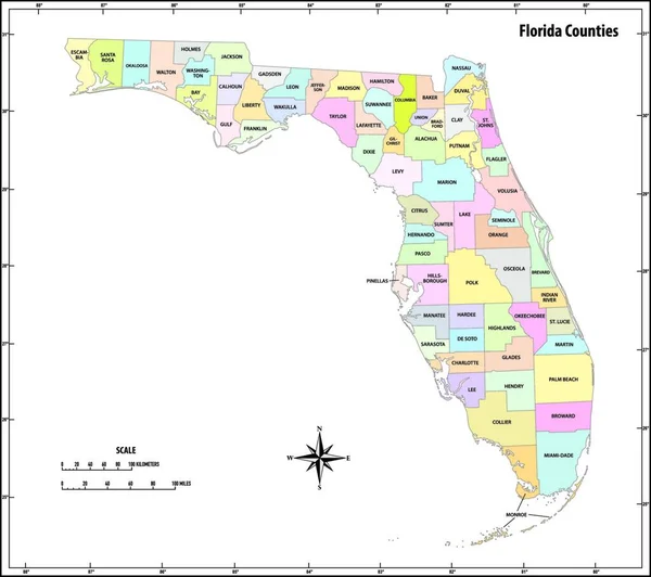 Florida Κατάσταση Περίγραμμα Διοικητικό Και Πολιτικό Χάρτη Στο Χρώμα — Διανυσματικό Αρχείο