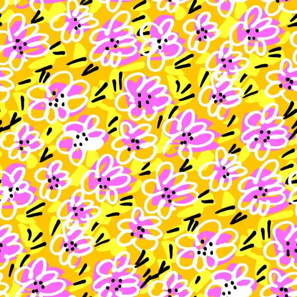 Positive Stimmung Leuchtend Gelbe Florale Nahtlose Muster Für Hintergrund Stoff — Stockvektor