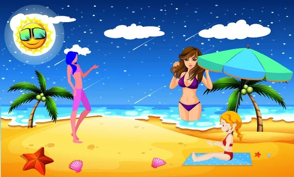 Иллюстрация Девушки Пляжа Доской Серфинга Фоне Моря — стоковый вектор
