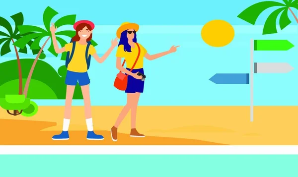 Deux Filles Apprécient Pique Nique Sur Plage — Image vectorielle