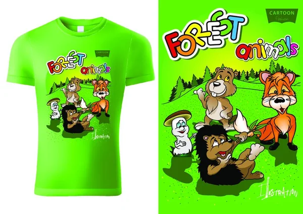 Green Child Shirt Design Cartoon Forestal Animals Cheerful Unisex Illustration — Stock Vector