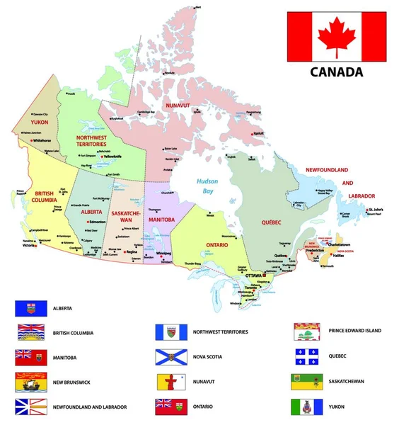 Canada Administrativ Och Politisk Vektorkarta Med Flaggor — Stock vektor