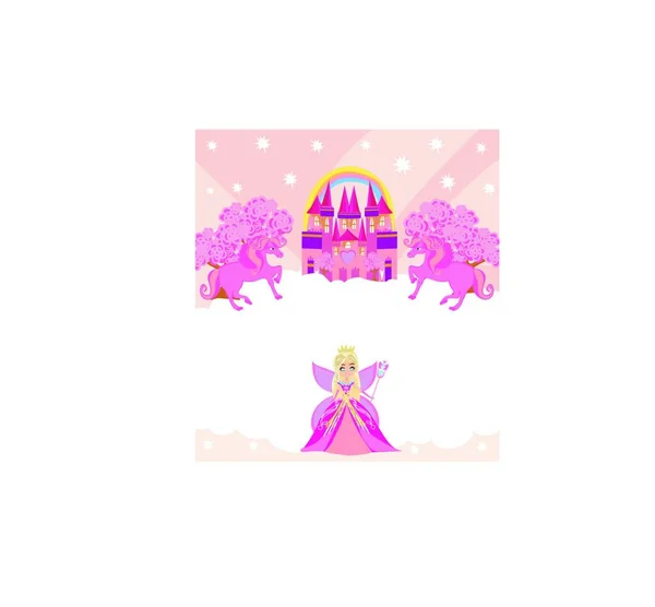 有独角兽 城堡和甜蜜仙女的生日贺卡 — 图库矢量图片
