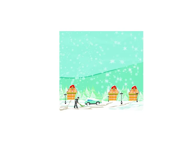 Зимний Пейзаж Снеговиком Деревьями Снегом — стоковый вектор