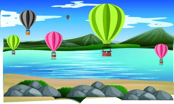 熱気球は山の近くのビーチで空を飛んでいます — ストックベクタ