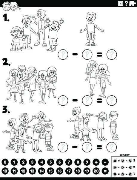 Schwarz Weiß Cartoon Illustration Des Mathematischen Subtraktionsrätselspiels Für Kinder Mit — Stockvektor