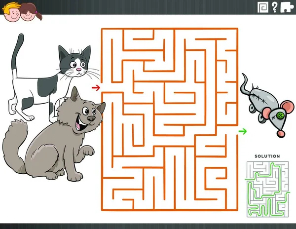 Cartoon Illustration Educational Maze Puzzle Játék Gyerekeknek Vicces Macska Karakterek — Stock Vector