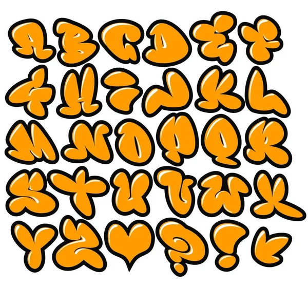 Laranja Graffiti Bubble Vector Fontes Com Brilho Branco Contorno Preto —  Vetores de Stock