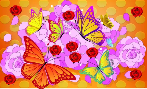 Fjärilar Flyger Ros Blomma — Stock vektor
