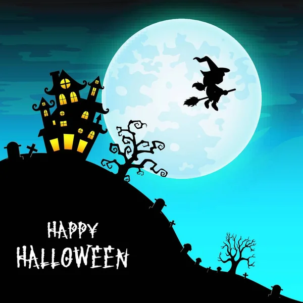 Halloween Fond Nuit Avec Sorcière Volante Château Sur Pleine Lune — Image vectorielle