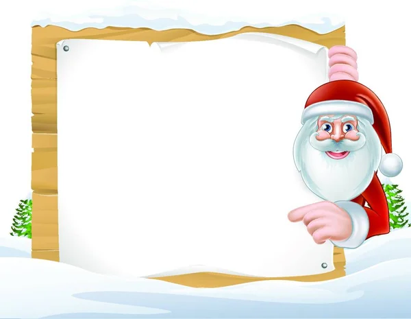 Dibujos Animados Santa Claus Apuntando Signo Cubierto Nieve — Vector de stock