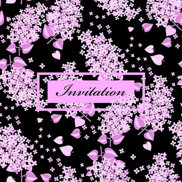 カード ヘッダー 招待状 ポスター ソーシャルメディア 投稿出版物の黒の背景に豪華な春のライラックの花の小枝 ラップ 繊維のための装飾的な花のシームレスなパターン — ストックベクタ