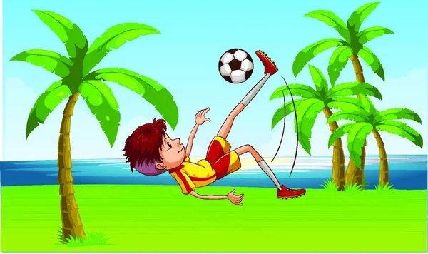 Chłopiec Gra Piłkę Nożną Plaży Ogród — Wektor stockowy