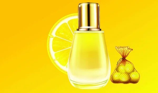 Maquette Illustration Parfum Petite Bouteille Verre Composé Extraits Citron — Image vectorielle