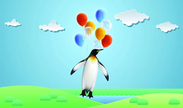 Pingüino Está Volando Con Globos Jardín — Archivo Imágenes Vectoriales